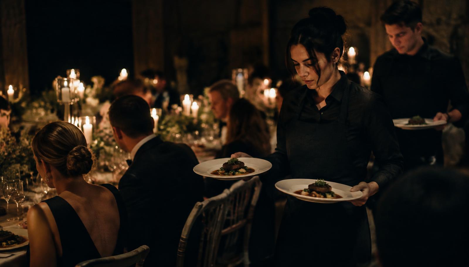 Cateringpersoneel serveert gerechten